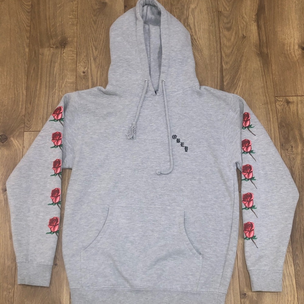 Grey Obey hoodie with rose accents
